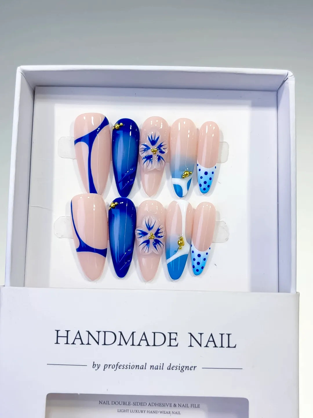 Nude Blue White French tip Flower Dot Pattern press on nails full set view