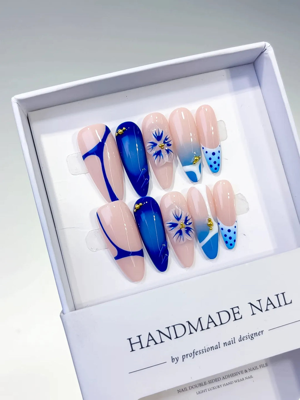 Nude Blue White French tip Flower Dot Pattern press on nails angled view