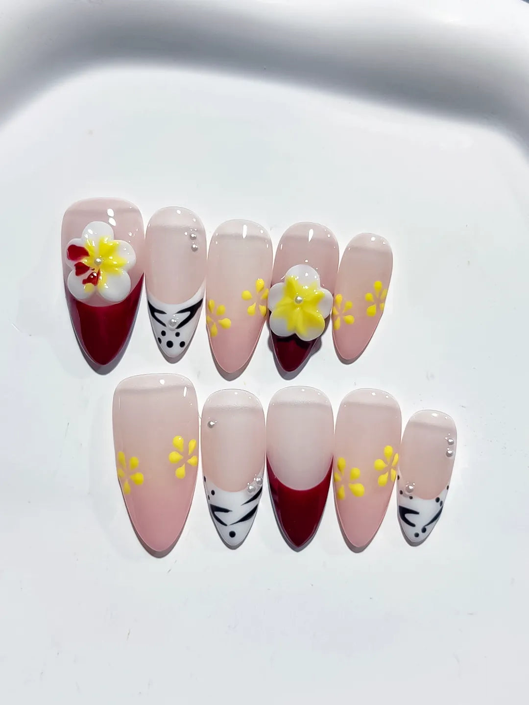 Nude Red White Yellow French tip Flower Animal Print press on nails close up