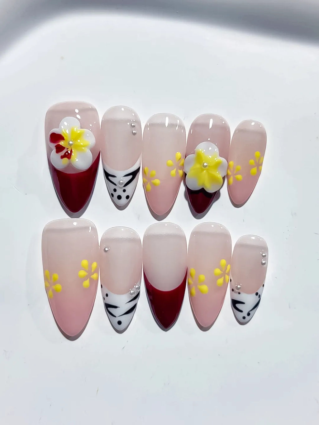 Nude Red White Yellow French tip Flower Animal Print press on nails detail view