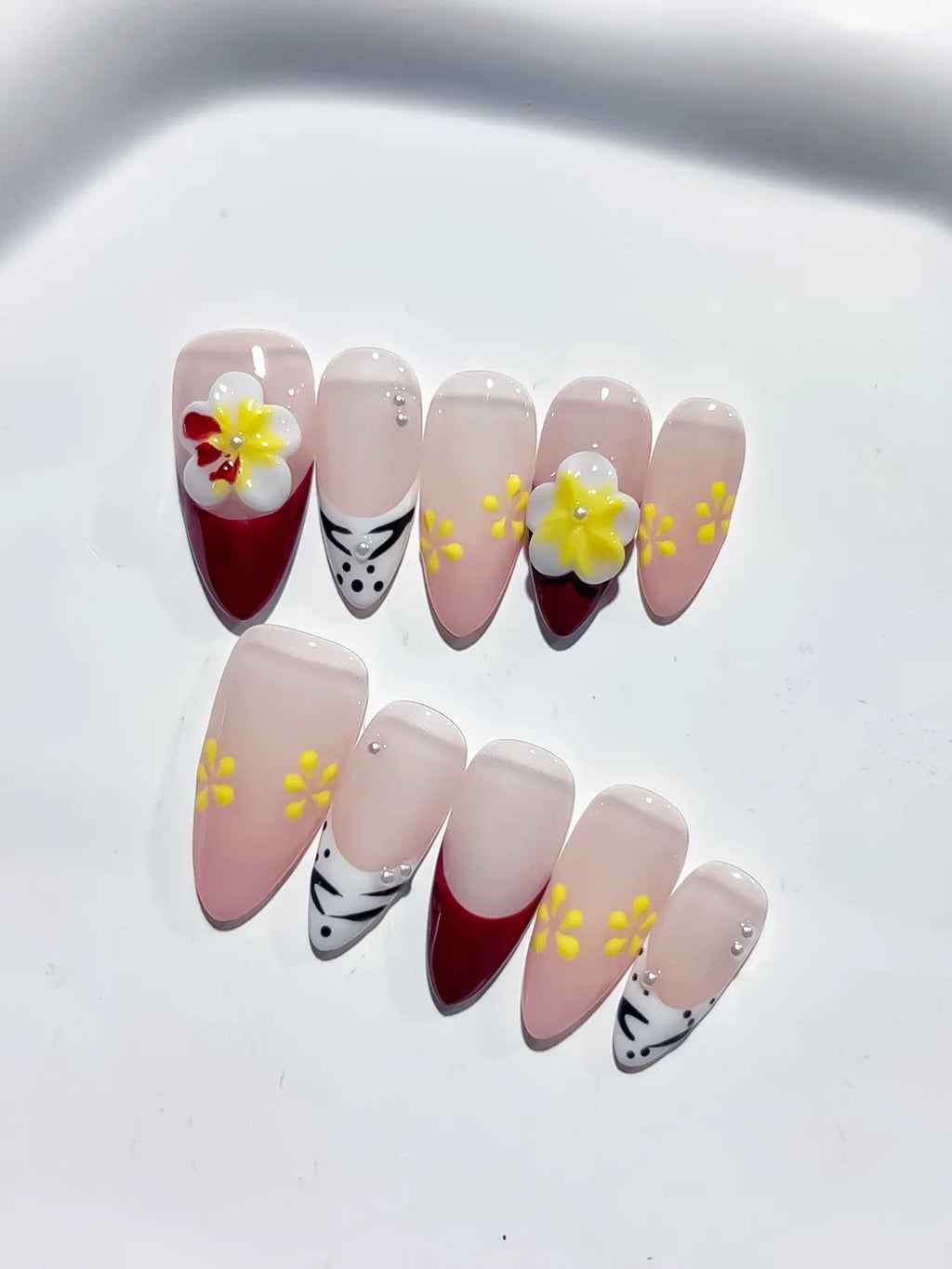 Nude Red White Yellow French tip Flower Animal Print press on nails detail view