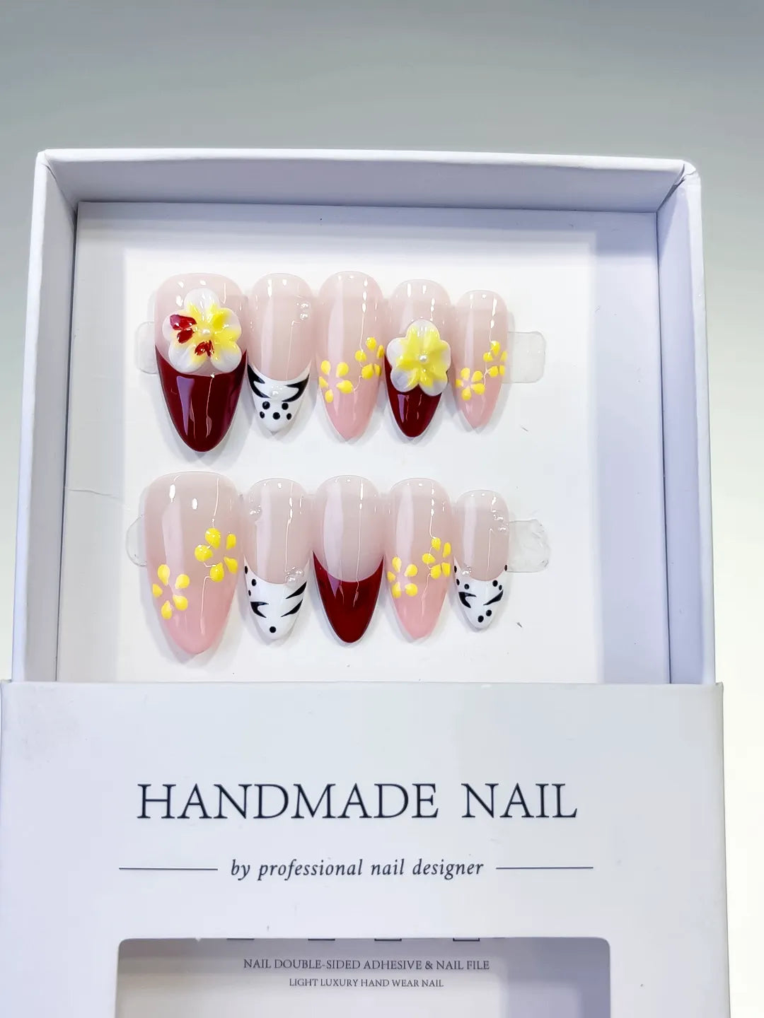 Nude Red White Yellow French tip Flower Animal Print press on nails full set view