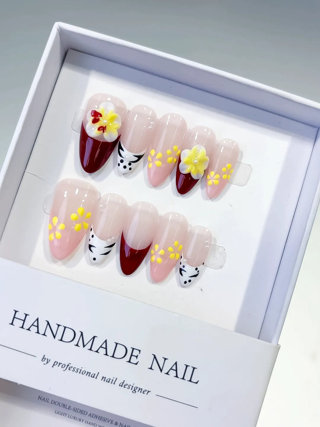 Nude Red White Yellow French tip Flower Animal Print press on nails