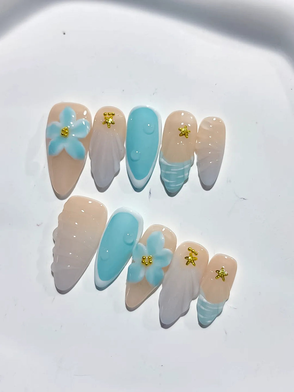 Nude Blue White French tip Flower Shell Star press on nails close up