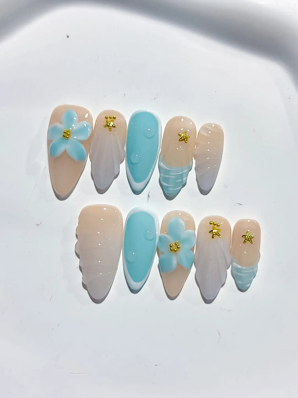 Nude Blue White French tip Flower Shell Star press on nails detail view