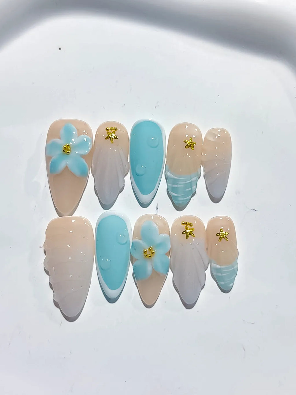 Nude Blue White French tip Flower Shell Star press on nails detail view