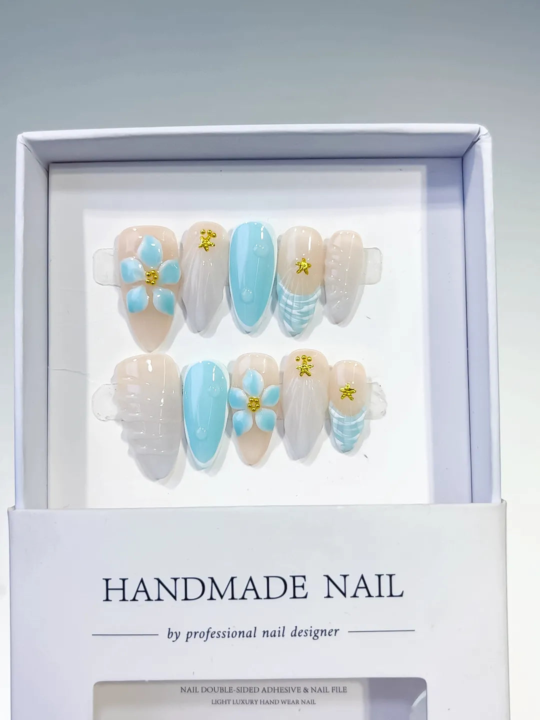 Nude Blue White French tip Flower Shell Star press on nails full set view