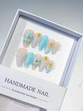 Nude Blue White French tip Flower Shell Star press on nails