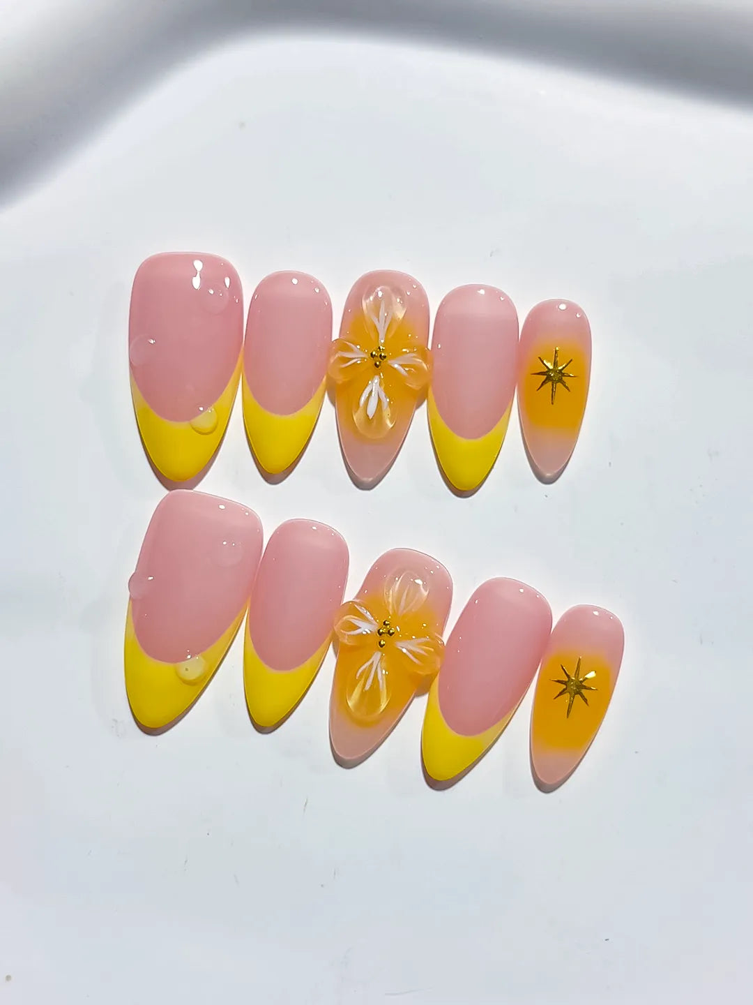 Pink Yellow French tip Flower press on nails detail view