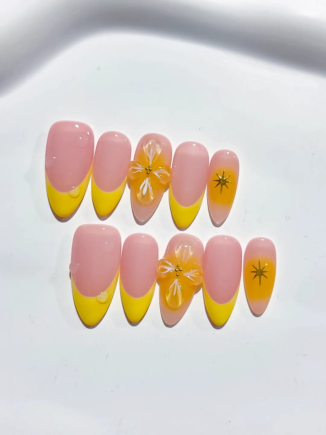 Pink Yellow French tip Flower press on nails detail view