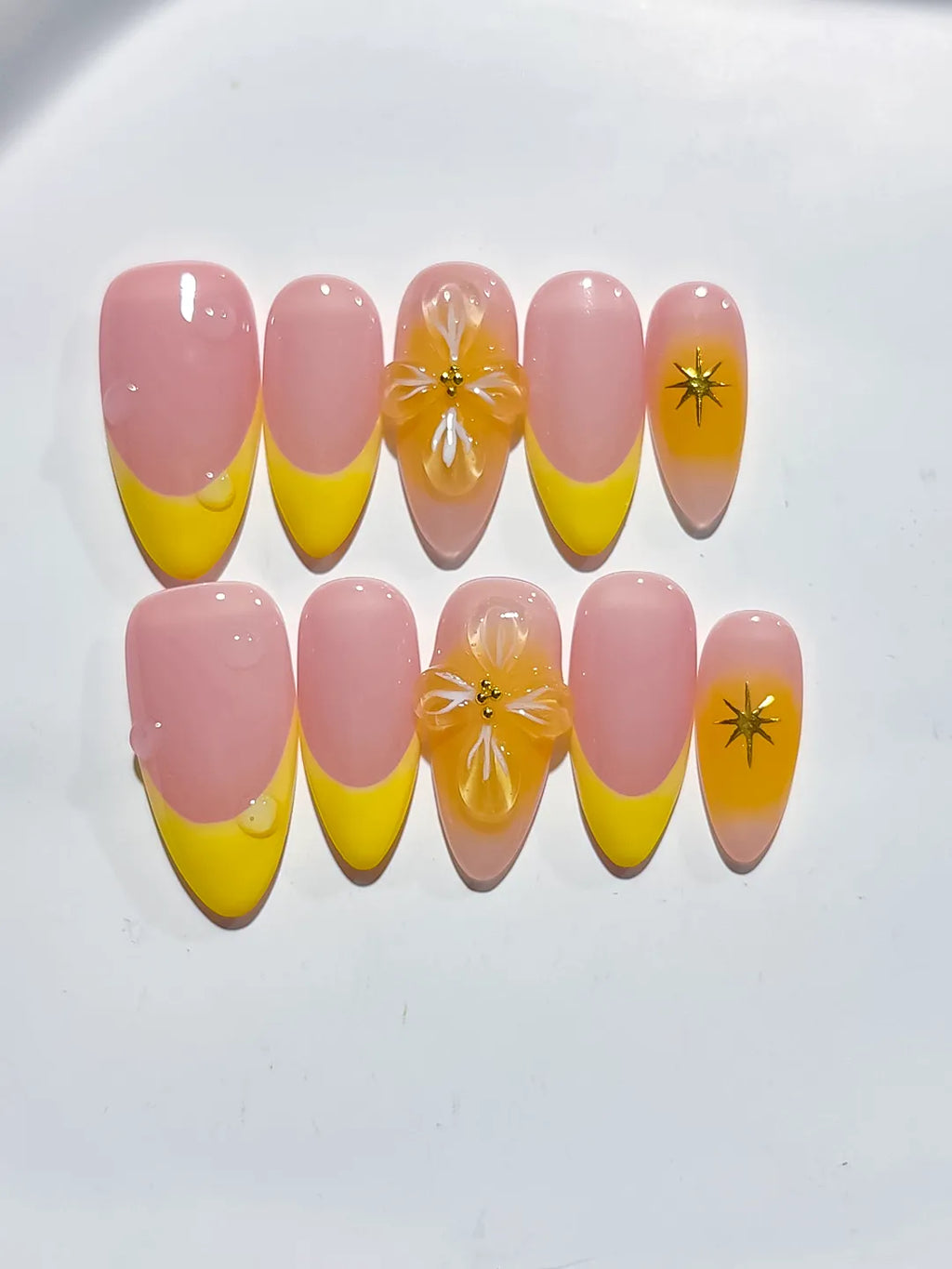 Pink Yellow French tip Flower press on nails close up