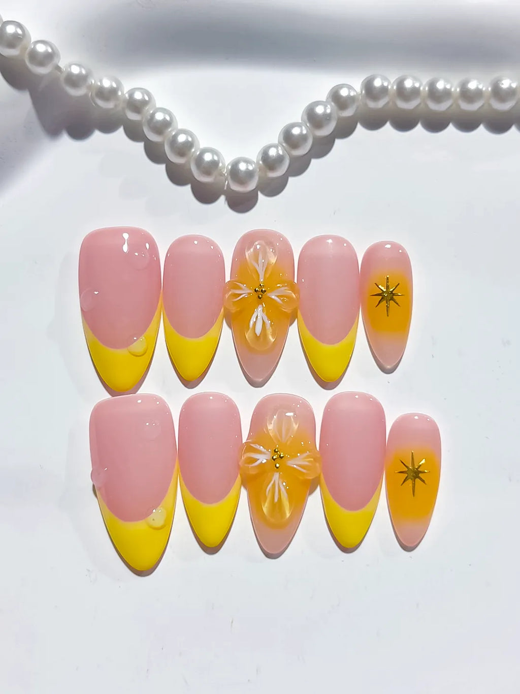 Pink Yellow French tip Flower press on nails detail view