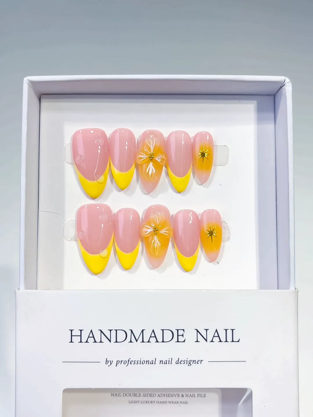 Pink Yellow French tip Flower press on nails full set view