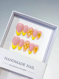 Pink Yellow French tip Flower press on nails