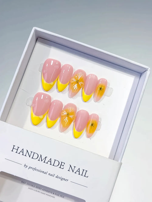 Pink Yellow French tip Flower press on nails