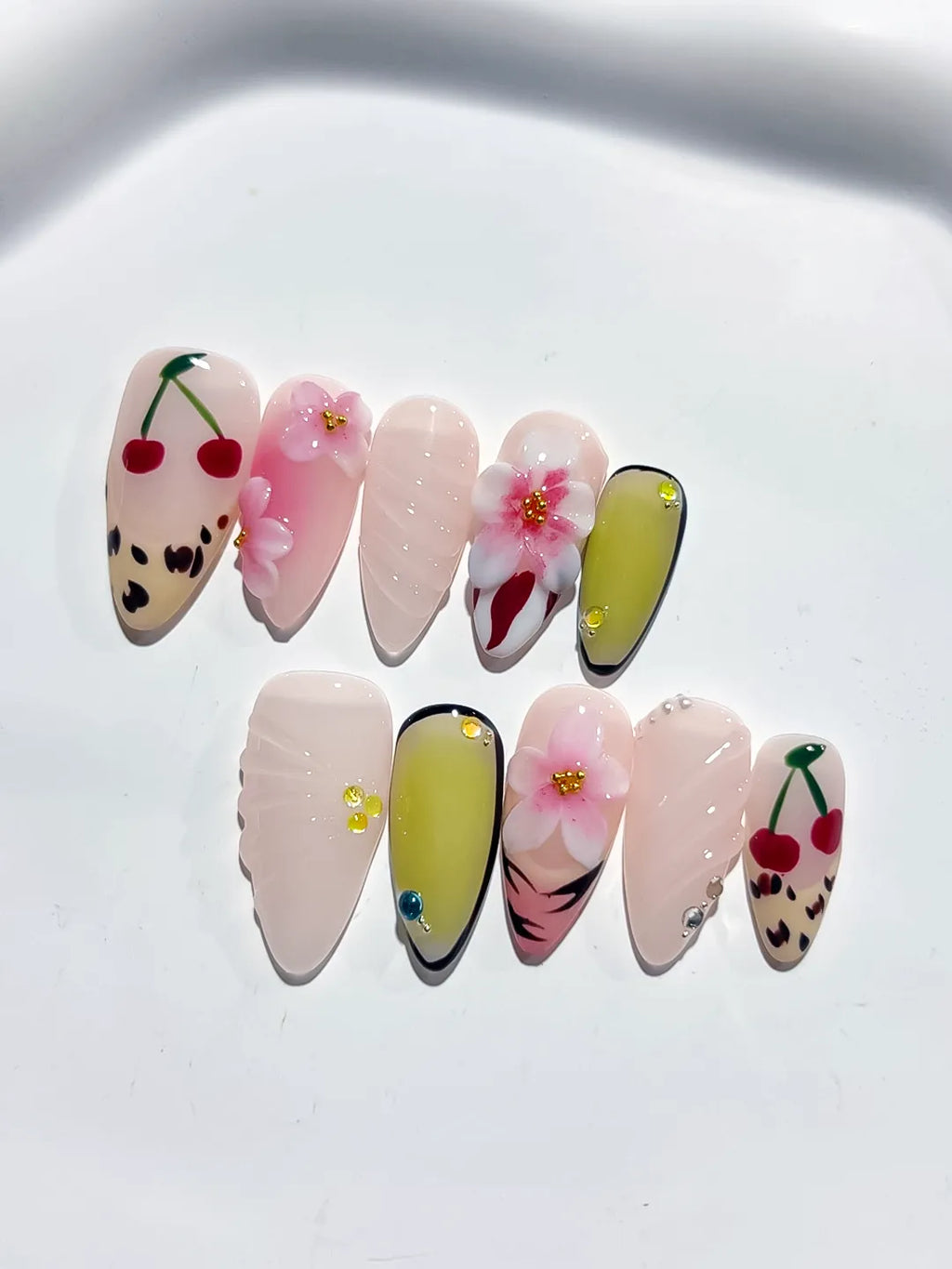 Nude Pink Green Black Red Abstract Cherry Flower Animal Print press on nails close up