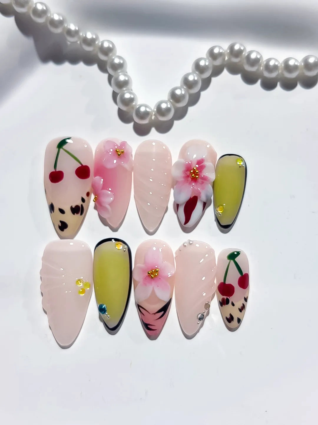 Nude Pink Green Black Red Abstract Cherry Flower Animal Print press on nails detail view