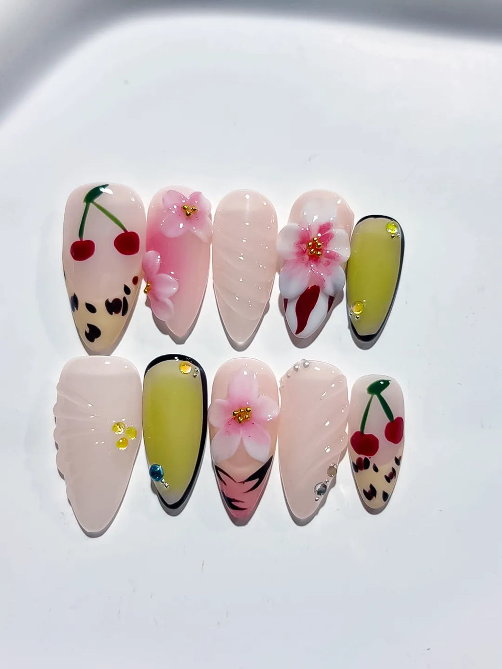 Nude Pink Green Black Red Abstract Cherry Flower Animal Print press on nails detail view