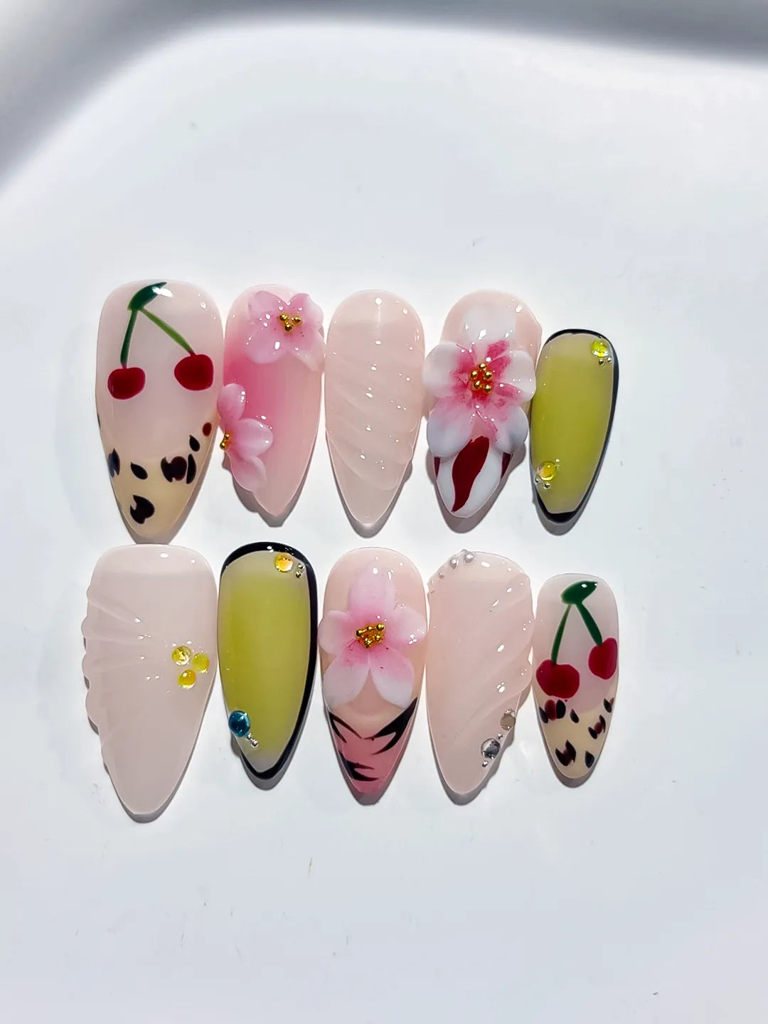 Nude Pink Green Black Red Abstract Cherry Flower Animal Print press on nails detail view