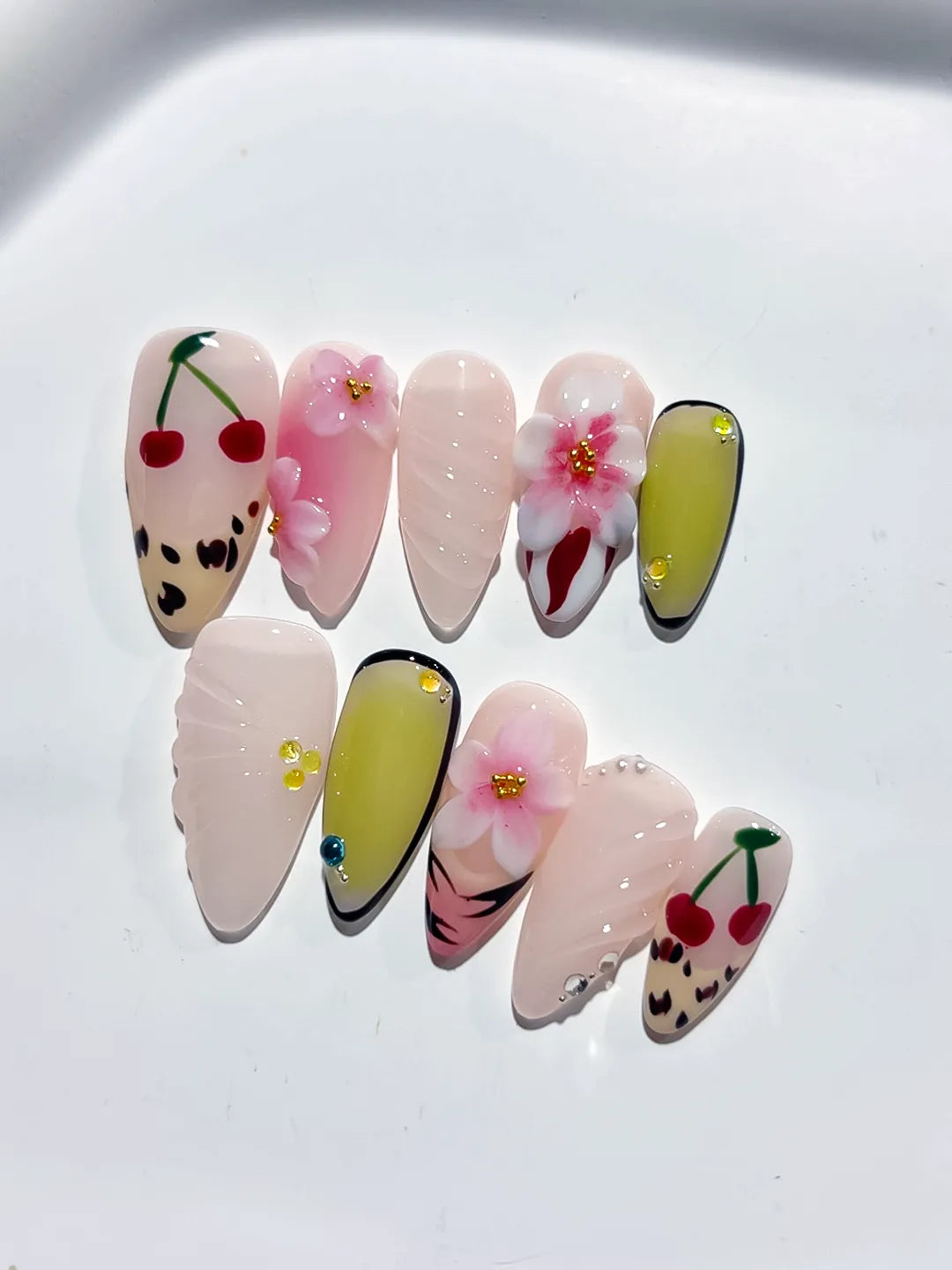 Nude Pink Green Black Red Abstract Cherry Flower Animal Print press on nails detail view