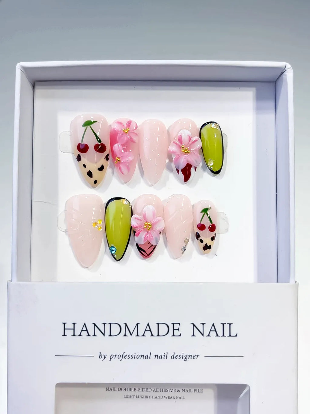 Nude Pink Green Black Red Abstract Cherry Flower Animal Print press on nails full set view
