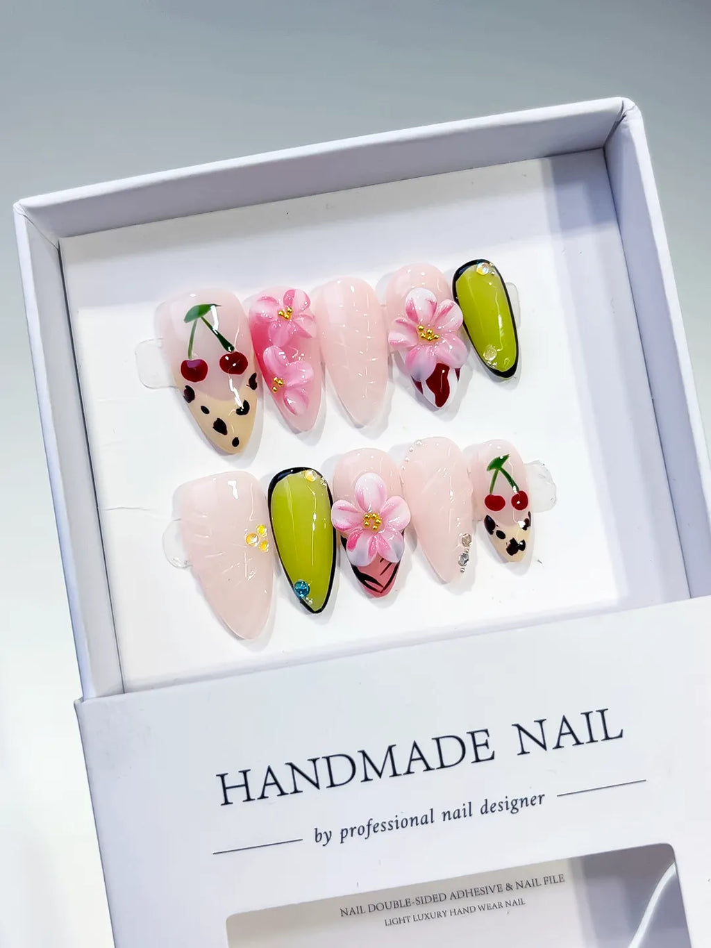 Nude Pink Green Black Red Abstract Cherry Flower Animal Print press on nails angled view