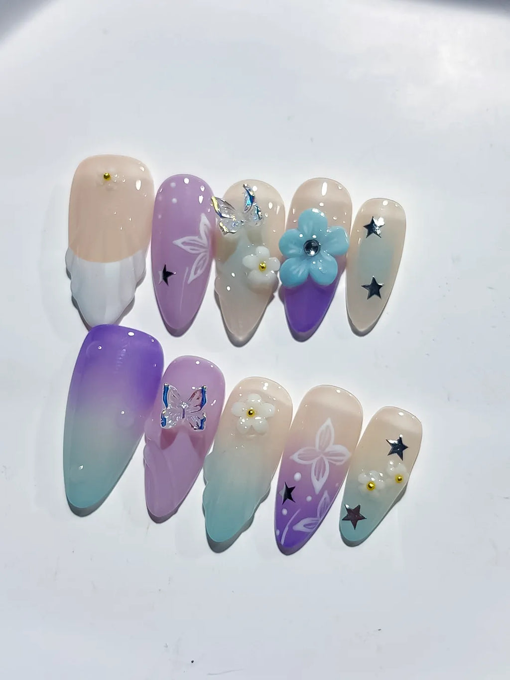 Nude Purple Green White Ombre Flower Butterfly Star press on nails close up