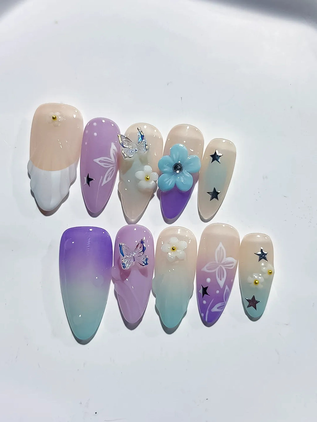 Nude Purple Green White Ombre Flower Butterfly Star press on nails detail view