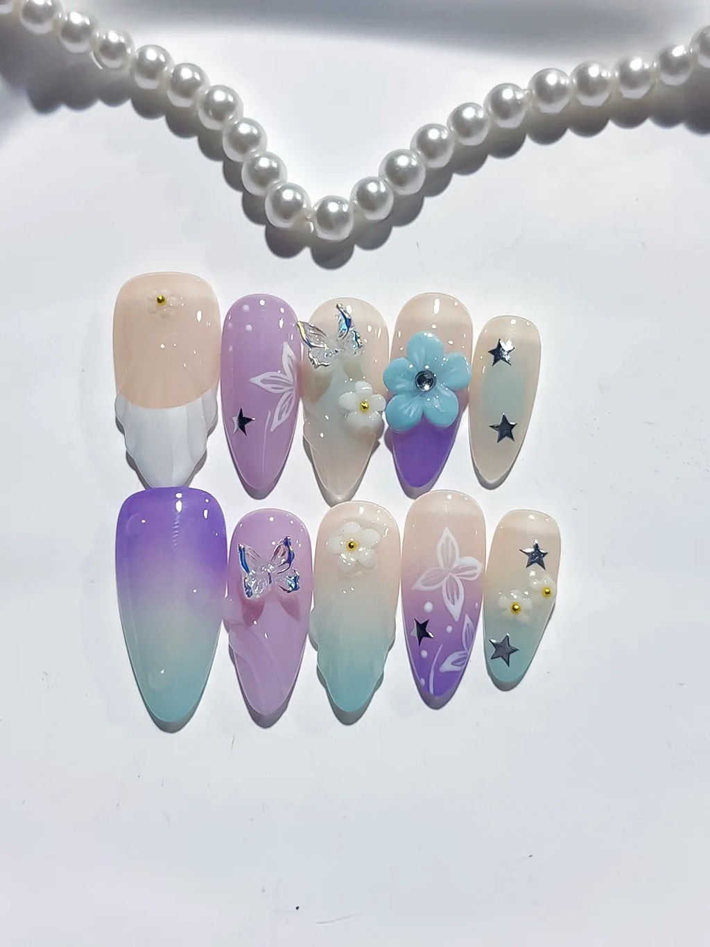 Nude Purple Green White Ombre Flower Butterfly Star press on nails detail view