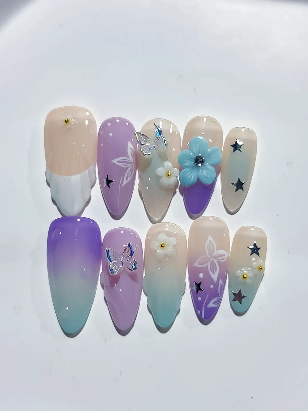 Nude Purple Green White Ombre Flower Butterfly Star press on nails detail view