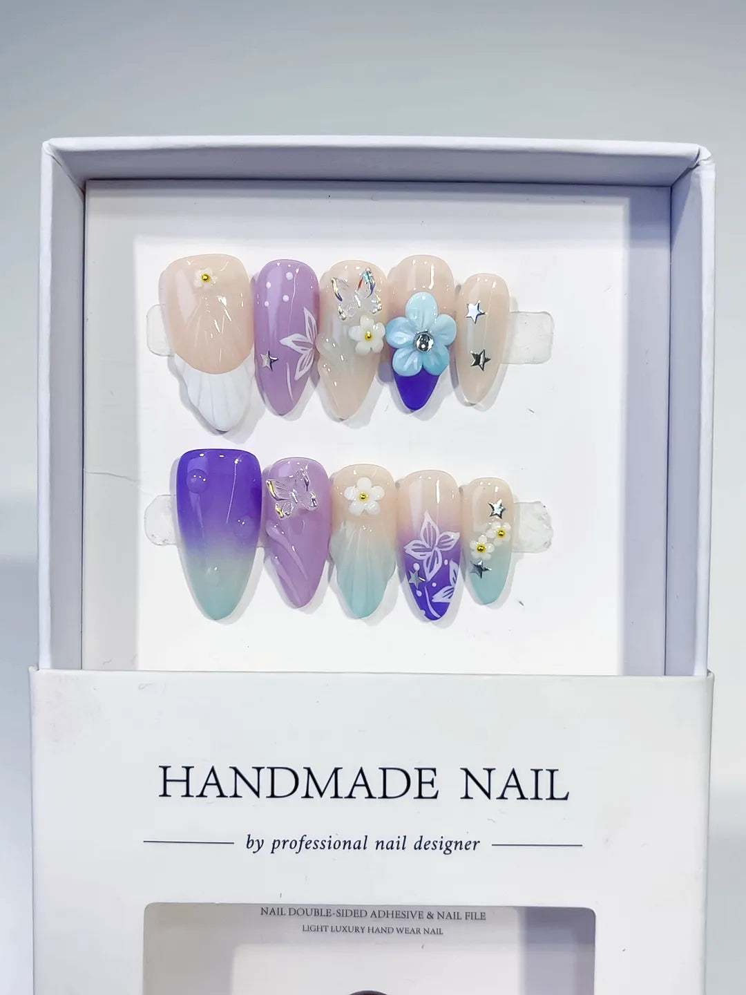 Nude Purple Green White Ombre Flower Butterfly Star press on nails full set view