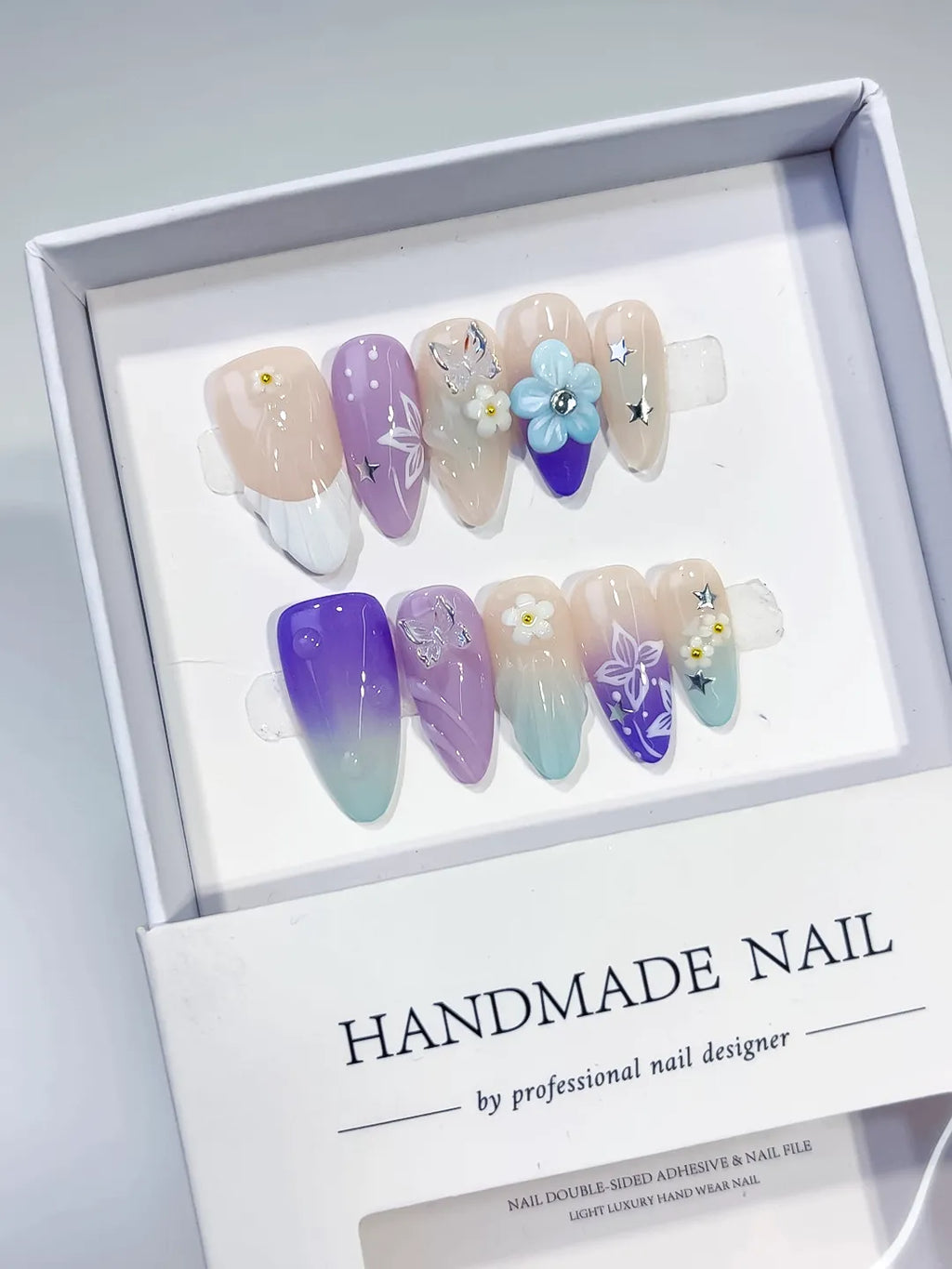 Nude Purple Green White Ombre Flower Butterfly Star press on nails angled view