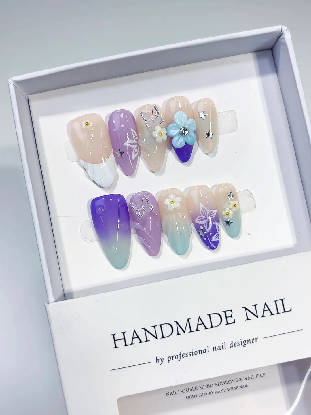 Nude Purple Green White Ombre Flower Butterfly Star press on nails angled view