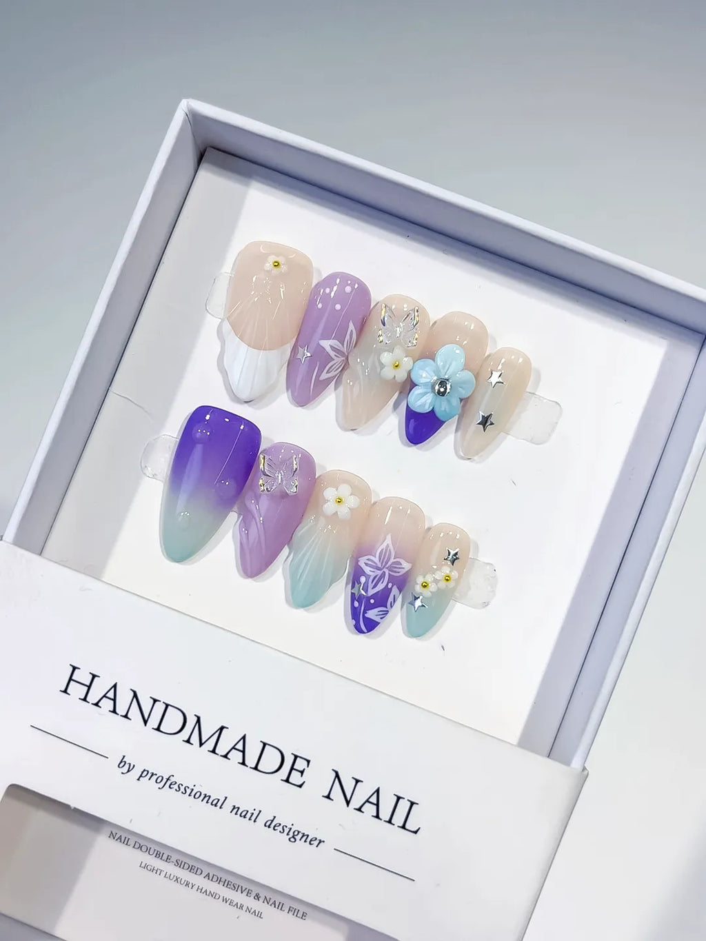 Nude Purple Green White Ombre Flower Butterfly Star press on nails