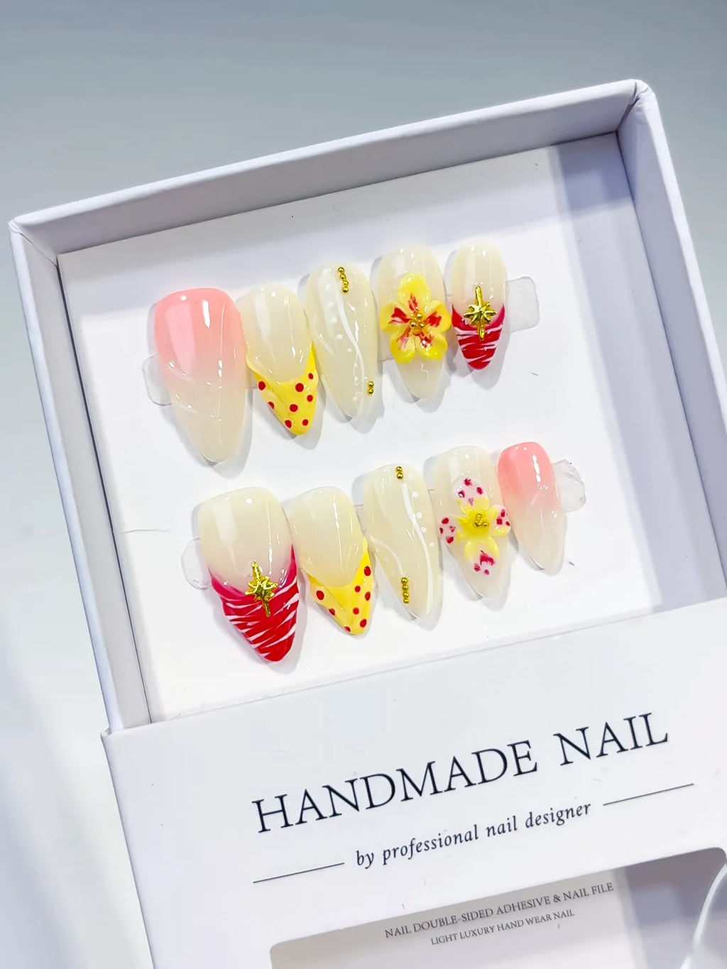 White Yellow Pink Red Abstract Flower Dot Pattern Star press on nails angled view