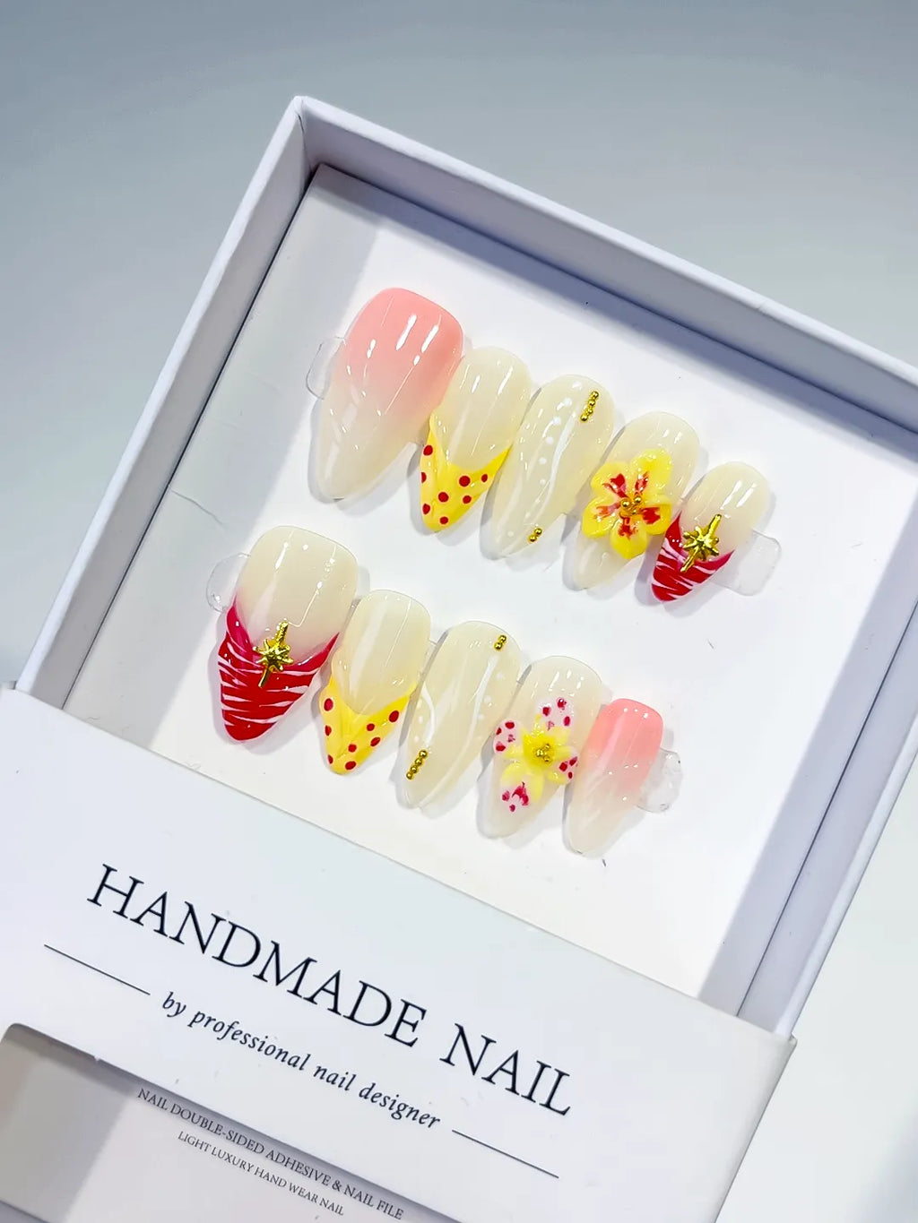 White Yellow Pink Red Abstract Flower Dot Pattern Star press on nails