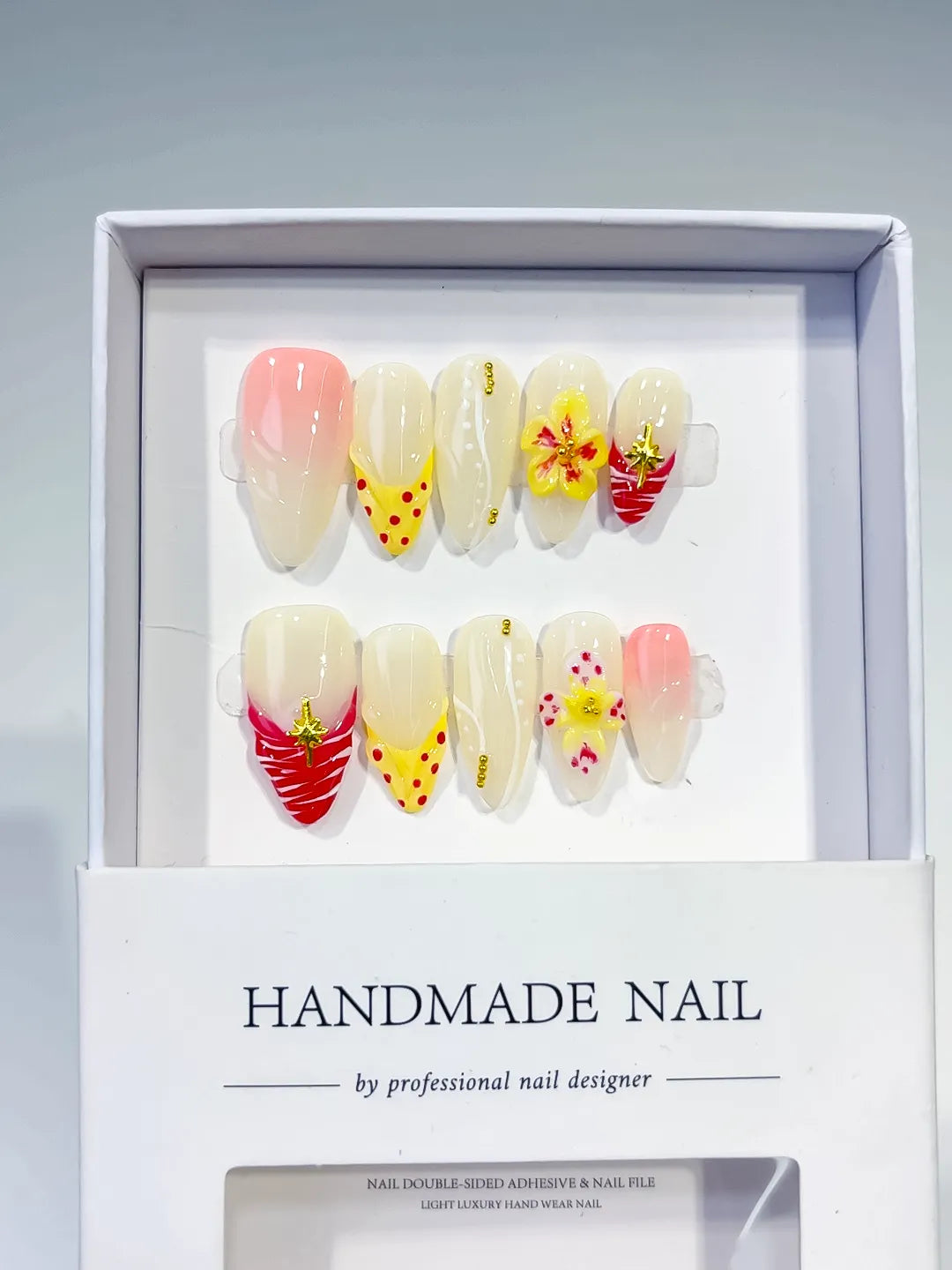 White Yellow Pink Red Abstract Flower Dot Pattern Star press on nails full set view