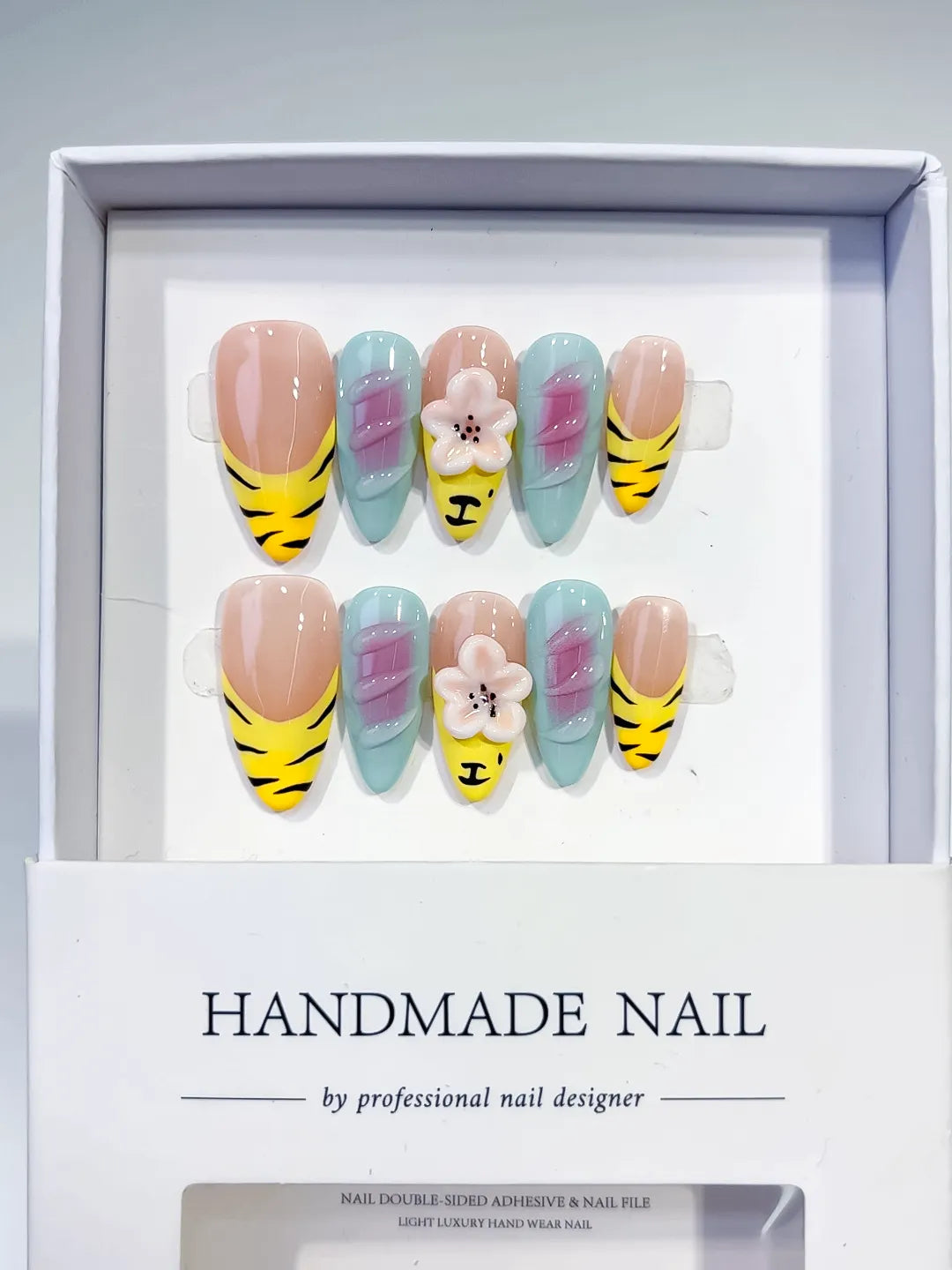 Nude Yellow Green Black Abstract Flower Animal Print press on nails full set view