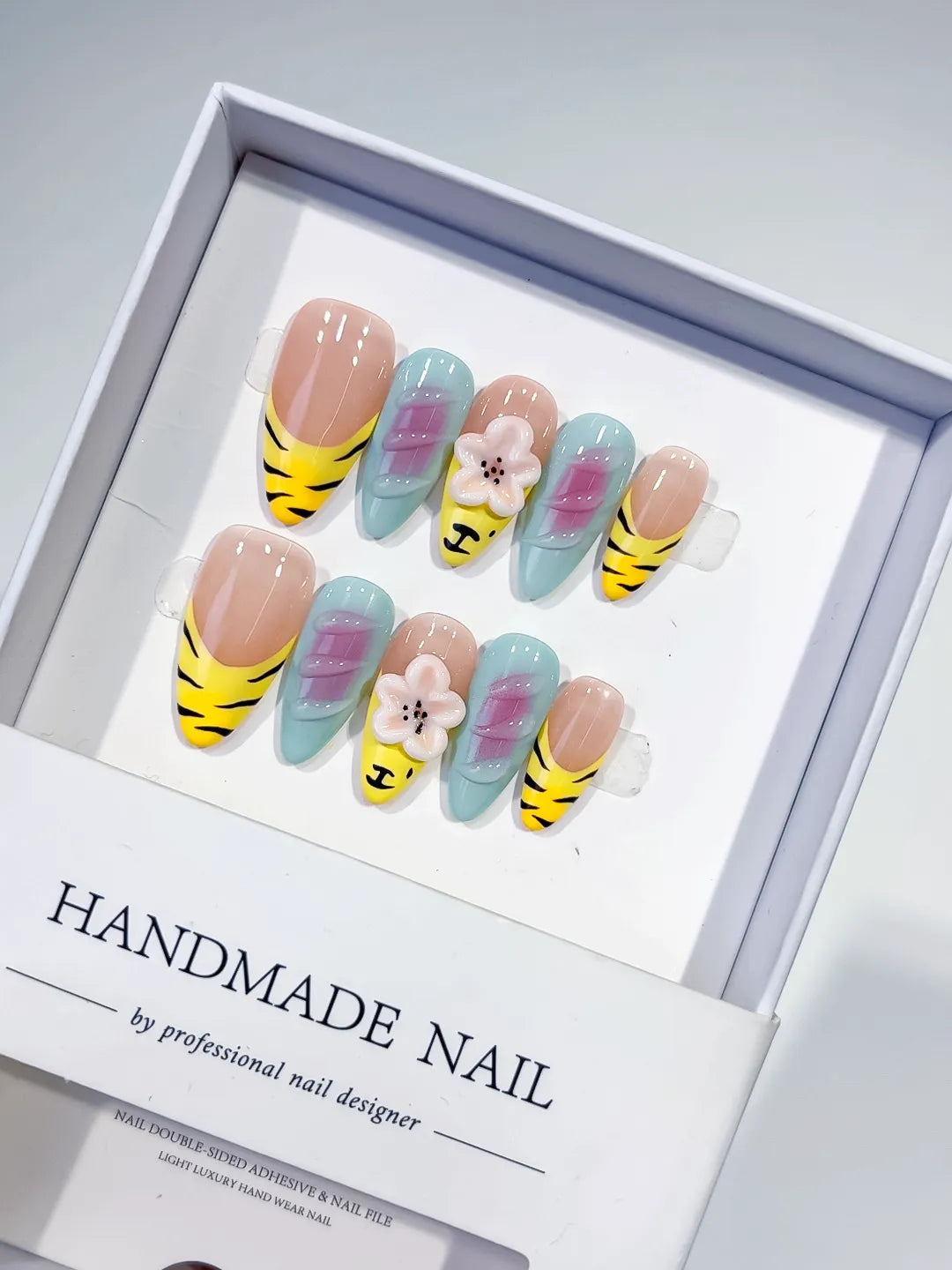 Nude Yellow Green Black Abstract Flower Animal Print press on nails