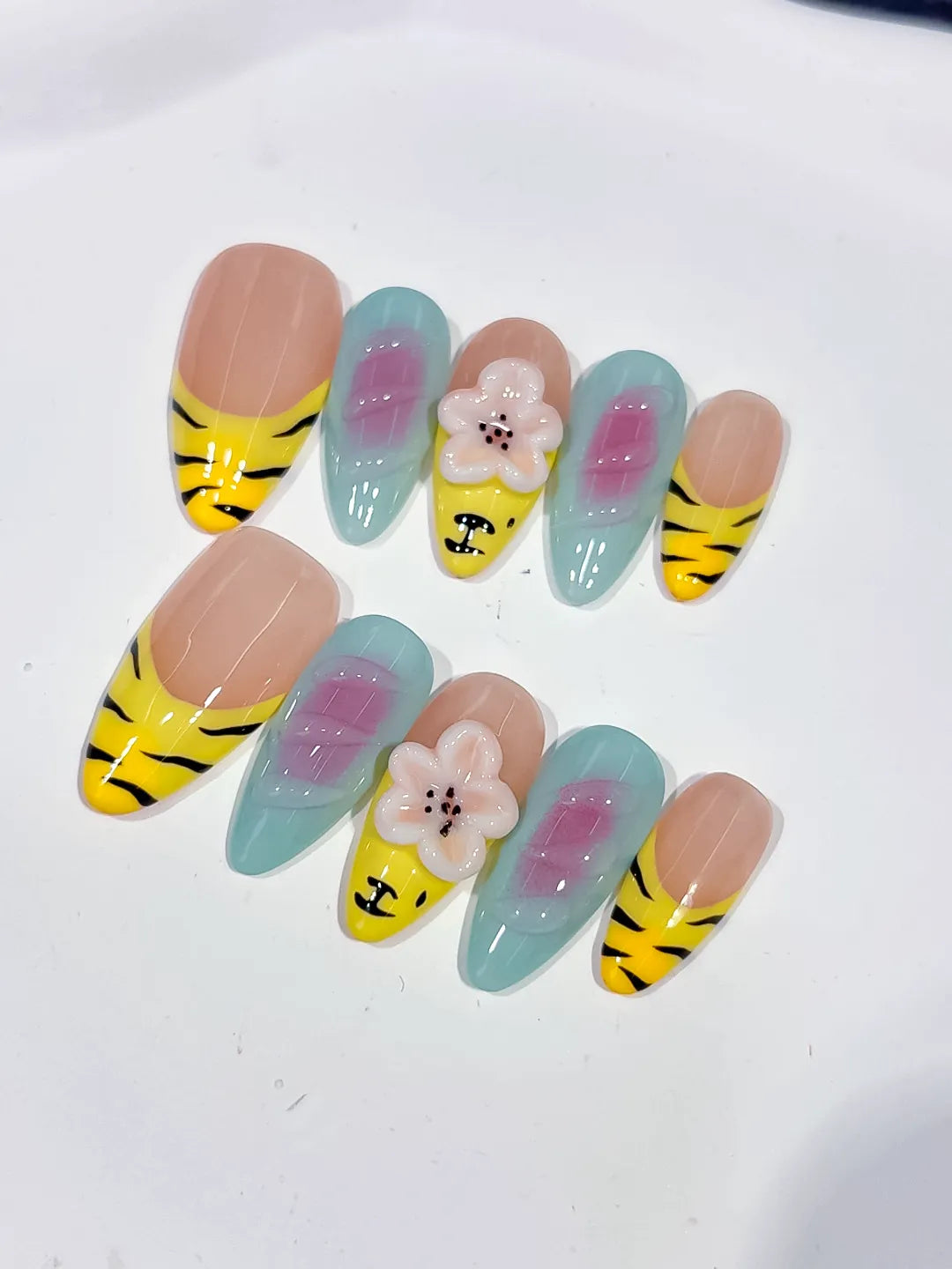 Nude Yellow Green Black Abstract Flower Animal Print press on nails detail view
