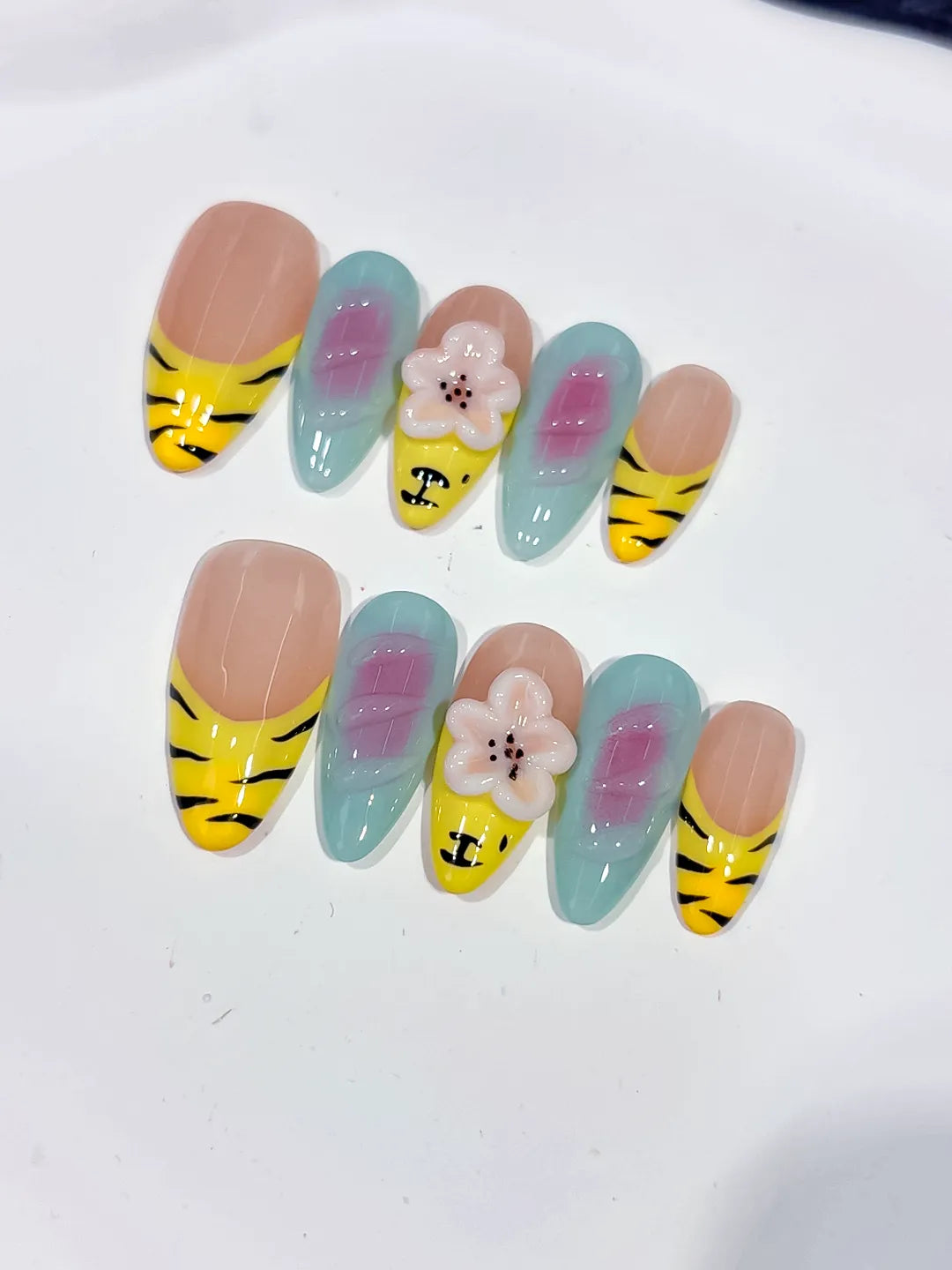 Nude Yellow Green Black Abstract Flower Animal Print press on nails detail view