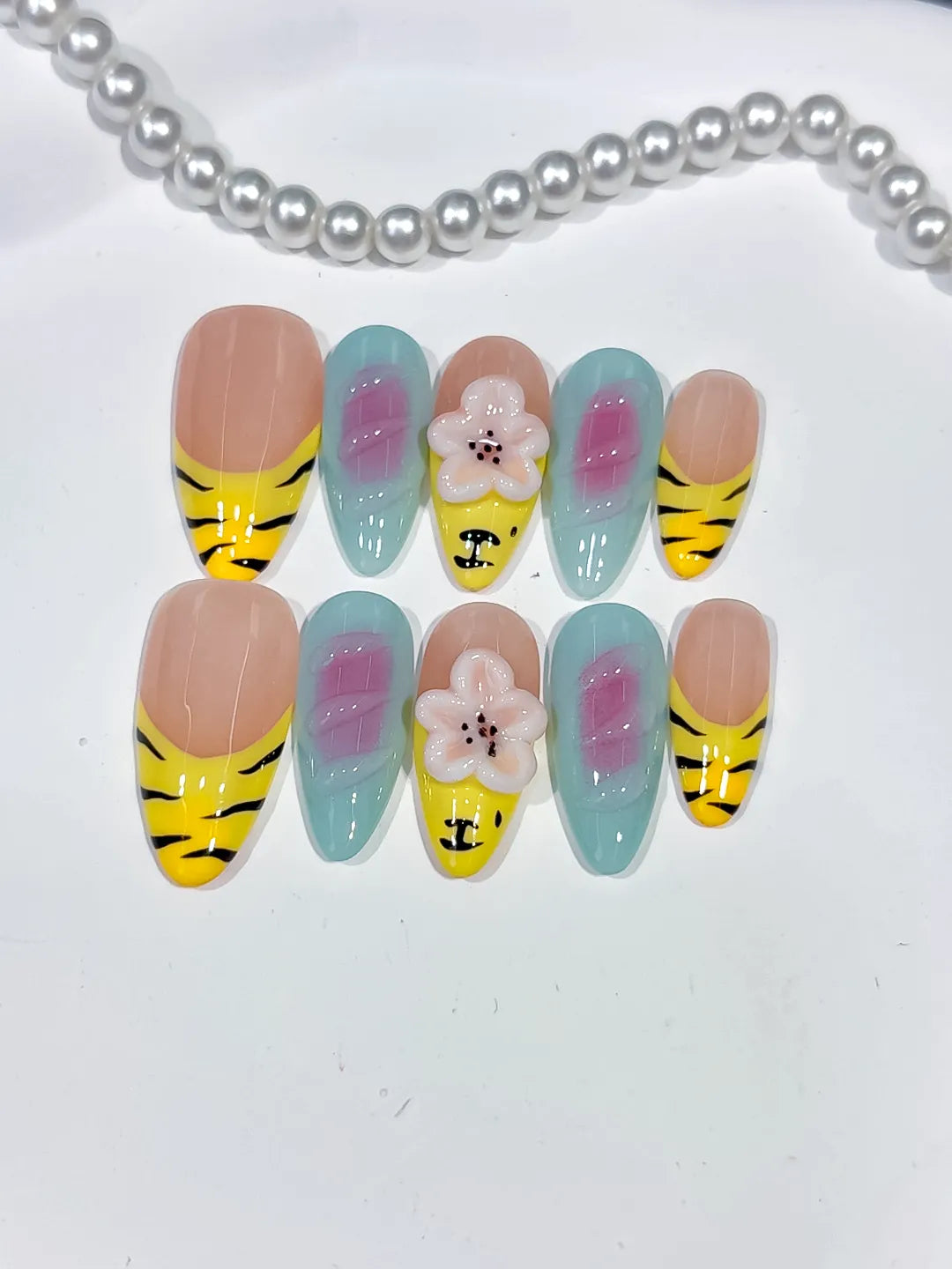 Nude Yellow Green Black Abstract Flower Animal Print press on nails close up