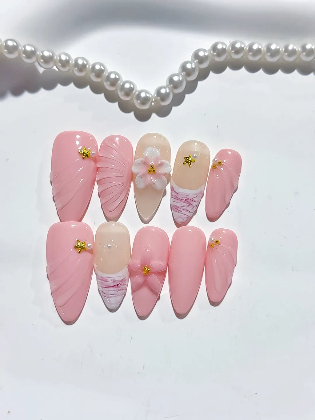 Pink Nude White Solid color Flower Star Shell press on nails detail view