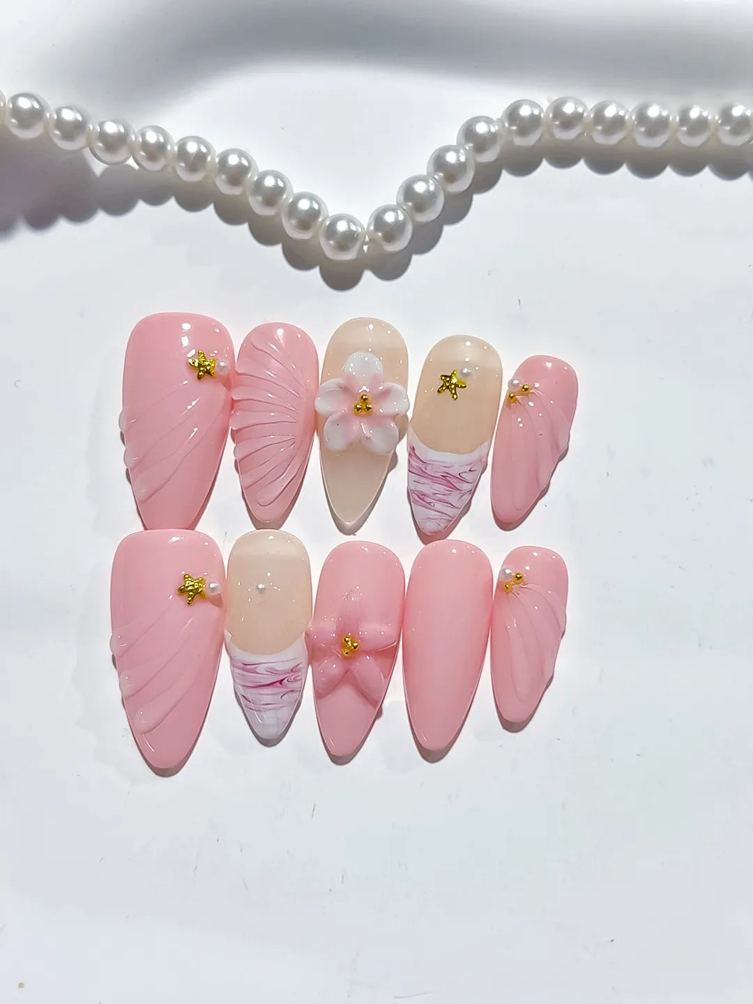 Pink Nude White Solid color Flower Star Shell press on nails detail view
