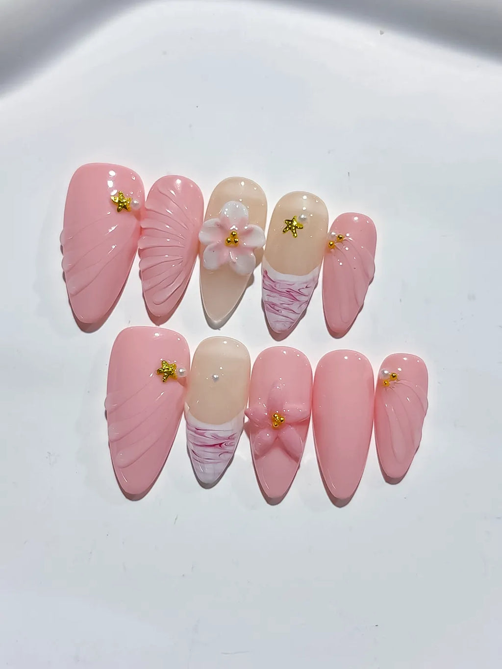 Pink Nude White Solid color Flower Star Shell press on nails detail view