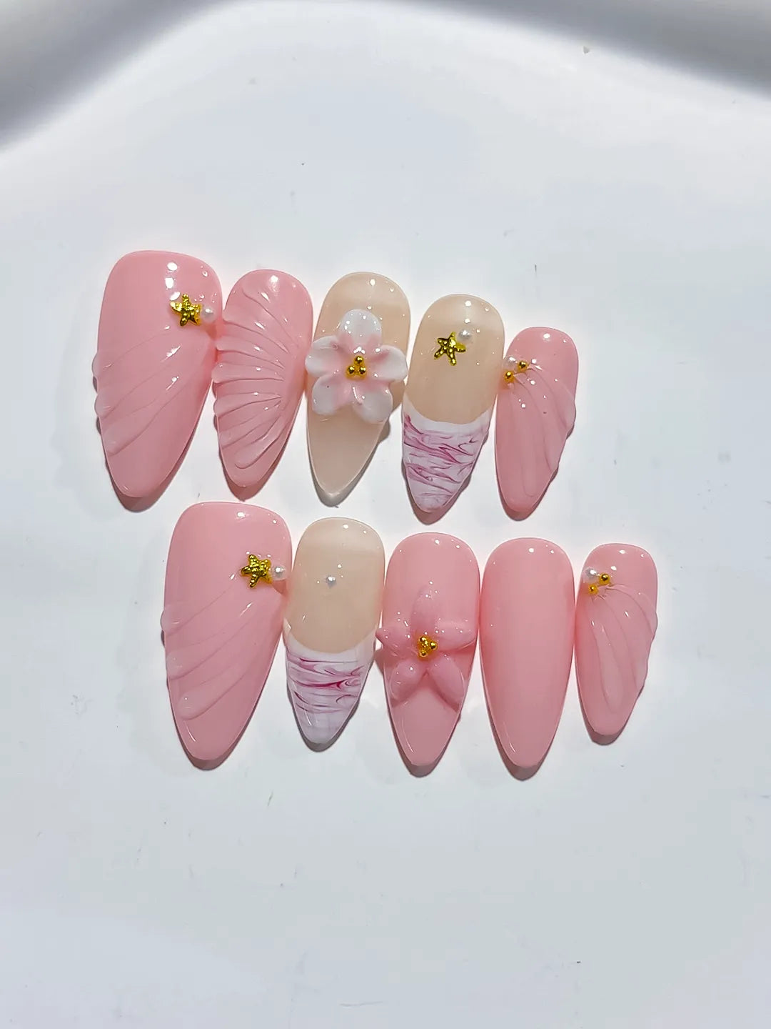 Pink Nude White Solid color Flower Star Shell press on nails detail view
