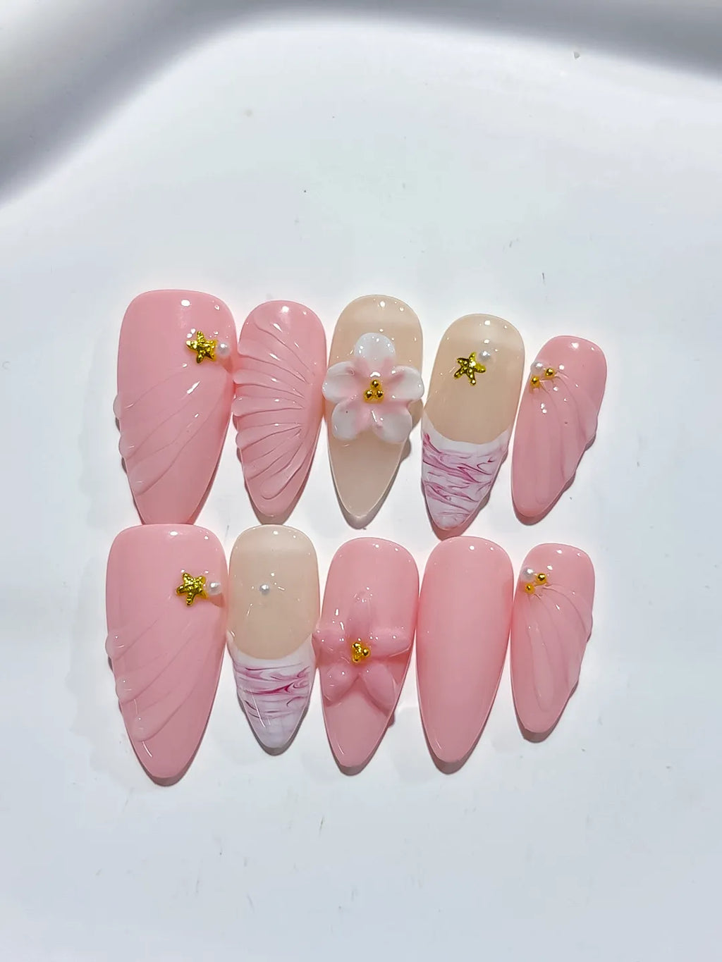 Pink Nude White Solid color Flower Star Shell press on nails detail view