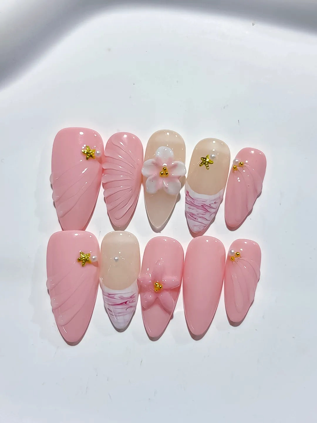 Pink Nude White Solid color Flower Star Shell press on nails detail view