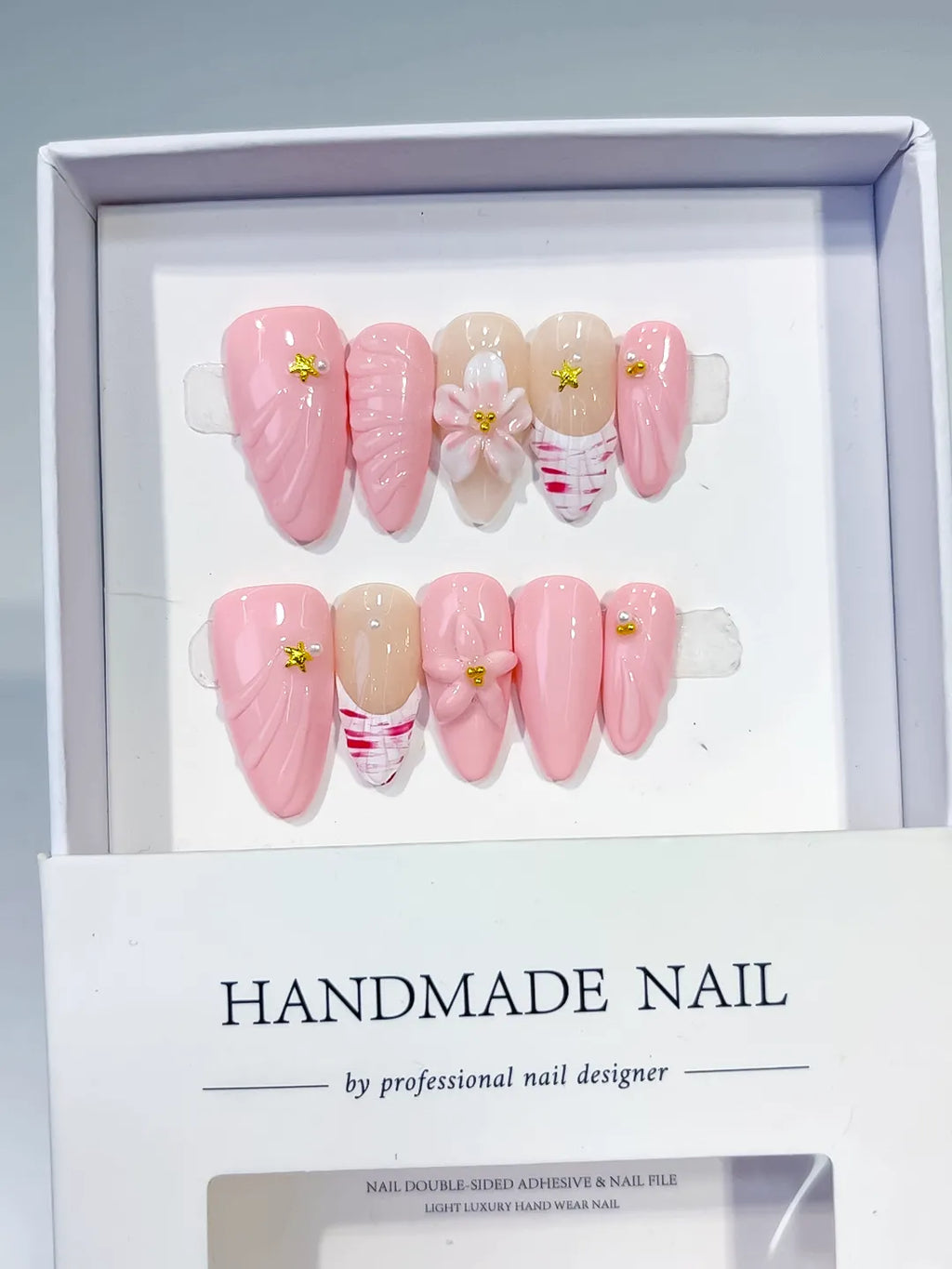 Pink Nude White Solid color Flower Star Shell press on nails full set view
