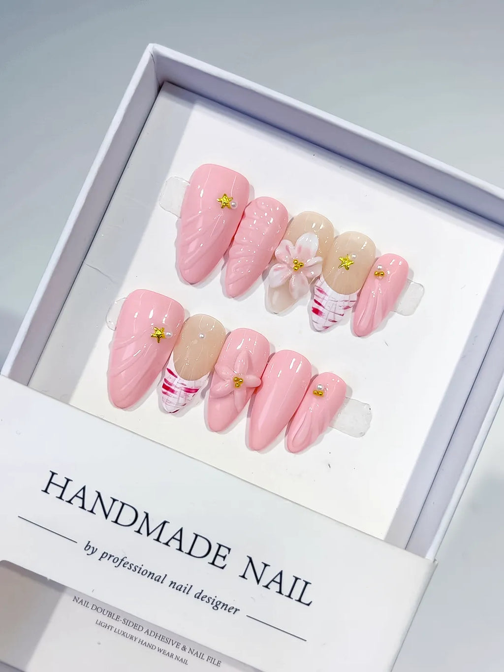 Pink Nude White Solid color Flower Star Shell press on nails